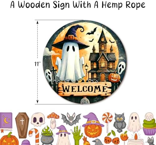 Ghost Decor Halloween Welcome Sign for Front Door Porch, Haunted House Home Door Wall Decor, Farmhouse Autumn Party Outdoor October Halloween Decorations Gifts -04 - Image 2
