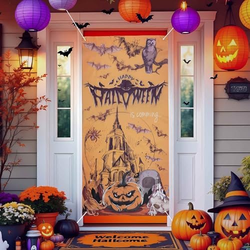 Halloween Decorations Pumpkin Skull Door Cover Decor for Indoor Outdoor Holiday Party Front Door Decoration by BULLSPANN