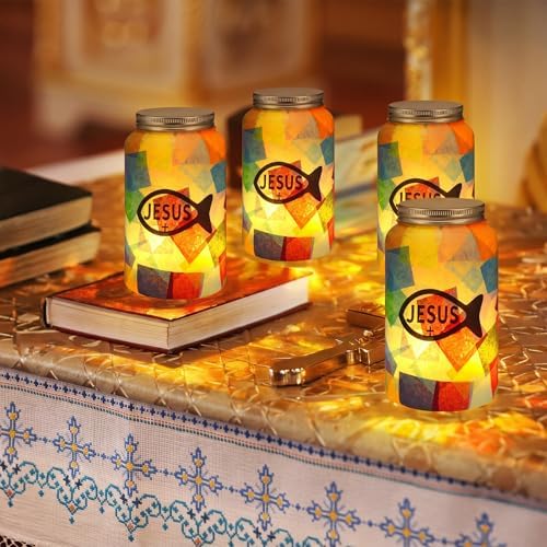 Qinyoung 12 Pcs Religion Faith Jesus Fish Crafts Mason Jars Tissue Paper Crafts with LED Candle Light DIY Suncatchers Decoration Make Your Own VBS Mason Jars Supply for Sunday School Projects Activity - Image 5