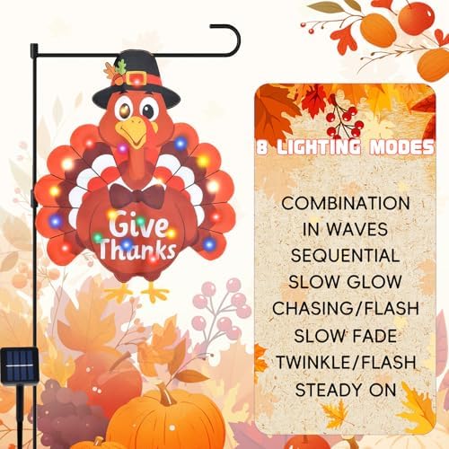 19 x 25 Inches Lighted Thanksgiving Turkey Garden Flag – Give Thanks Double-Sided Outdoor Thanksgiving Decorations with Multicolor LED Lights, Solar Powered Fall Yard Flag for Porch, Lawn, and Patio - Image 5