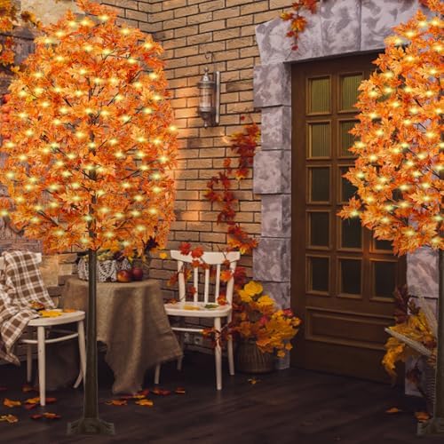 8FT 210 LED Lighted Maple Tree - Thanksgiving Decor Artificial Fall Tree with 21 Branches, 21 Acorns 420 Leaves, Remote 8 Flashing Modes, Timing, DC 5V Safe for Outdoor Wedding Party Autumn Decor - Image 7