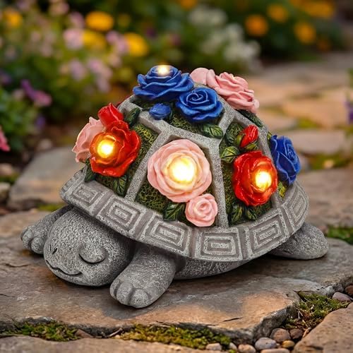 Solar Garden Decor Outdoor Turtle Statue with Multi-Color Rose Flowers & 7 LED Lights – Outside Tortoise Decoration for Lawn Yard Patio Backyard - Home House Art - Gift for Men Dad Women Mom by Snclriao