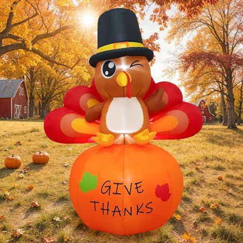 OurWarm 6FT Thanksgiving Inflatables Turkey Outdoor Decorations, Blow Up Turkey Inflatable on Pumpkin with Built-in LEDs, Happy Thanksgiving Blowups Yard Decorations for Outside Fall Garden Lawn Decor - Image 5