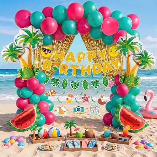 JOYIN Summer Hawaiian Birthday Party Decorations, 76PCS Party in Summer Supplies with Banner, Foil & Latex Balloons, Spiral Swirls & Tinsel Curtains for Boys, Girls, Kids Tropical Fruit Party Decor - Image 3