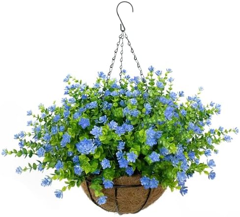 Artificial Hanging Flowers Basket, 12 UV-Resistant Bundles of Realistic Fake Flowers, Faux Plants for Outdoor Decor, Home, Garden, Porch, Patio, Spring & Summer Decorations, Blue by BCBLF