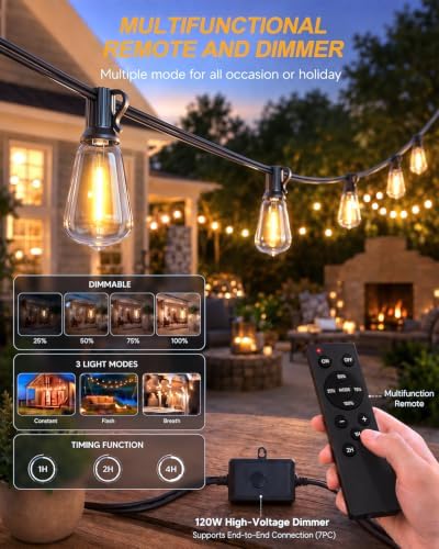 Outdoor String Lights 25+2FT, 15+2 Bulbs,120W Dimmer Romote,IP65 Waterproof - Image 3
