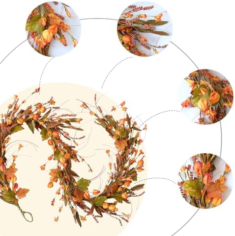 Fall Garland for Front Door, 82" Autumn Orange Maple Floral Wreath with Forsythia, Harvest Garland for Festival Thanksgiving Farmhouse Wall Home Decor - Image 2