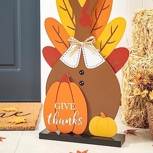 Glitzhome 31”H Thanksgiving Wooden Turkey Porch Sign, Fall Harvest Turkey Give Thanks Standing Decor, Rustic Welcome Sign Porch Sign for Thanksgiving Fall Harvest Autumn Yard Sign - Image 4