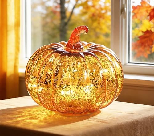 Fall Decorations for Home,Mercury Glass Pumpkin Lights with Timer(Gold) - Image 6