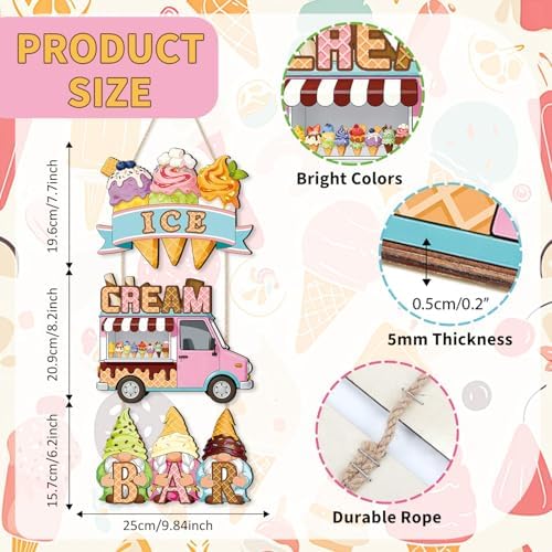 IARTTOP Summer Ice Cream Truck Hanging Sign 9.8" x 22.1" Summer Welcome Door Decor Wooden Gnome Ice Cream Bar Wall Decor Colorful Cone Door Hanger for Party Kids Room Playroom Decoration - Image 2