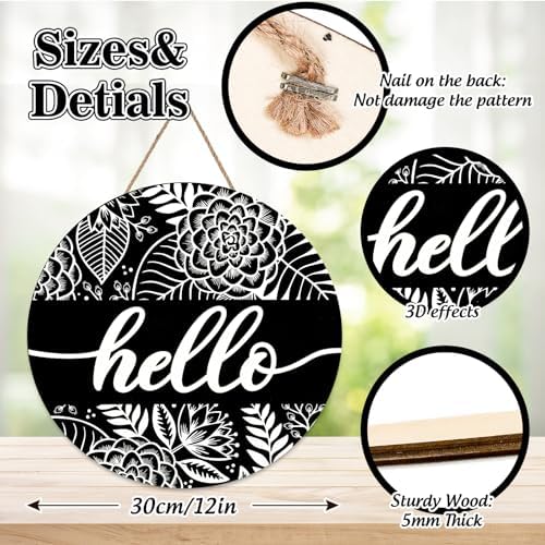 JarThenaAMCS Flower 3D Welcome Door Sign White Black Floral Wooden Hanging Sign Rustic Round Door Hanger for Spring Indoor Outdoor Farmhouse Home Porch Window Wall Decor, 12 Inch - Image 2