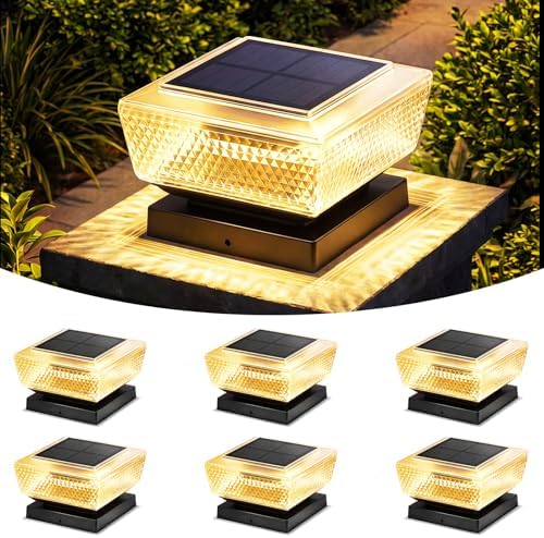 4x4 Solar Post Cap Lights Outdoor 6 Pack, 3000K Warm Fence Deck Post Solar Lights with Upgrade Solar Panel, Waterproof Solar Post Caps for 3.5x3.5, 4x4, Wooden & Vinyl Posts, Porch Patio Garden Use by Unknown