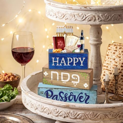 Lineshading 4 Pcs Wooden Passover Block Signs Farmhouse Tiered Tray Decor - Image 2