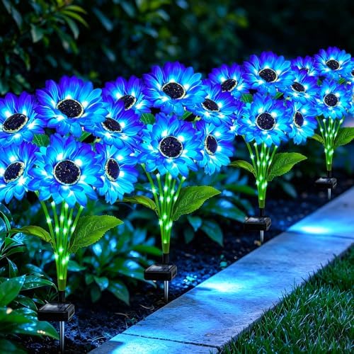 MRHEPHAESTUS Solar Garden Lights Outdoor, 4 Pack Solar Blue Sunflower Lights with 18 Head 3.5 Inch Flowers, Waterproof Flowers Light Fall Decor Auto ON/Off for Garden Yard Patio, Gifts for Mom Women by MRHEPHAESTUS