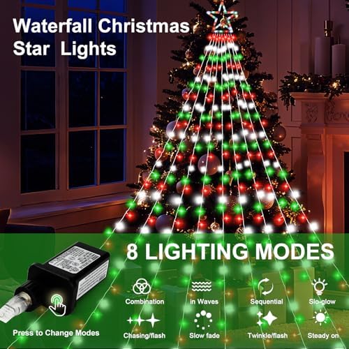 Christmas Decoration Lights, Outdoor Christmas String Lights 320 LED 11.5 Ft Waterfall Tree Light with Big Star Topper 8 Light Modes for Xmas New Year Holiday Garden Yard Indoor Outdoor Decor - Image 3