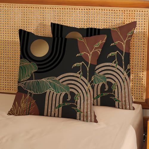 Boho Pillow Covers 18x18 Set of 2 Grey Rust Brown Mid Century Throw Pillows Outdoor Gold Green Leaf Tropical Decorative Pillowcase Bohemian Abstract Farmhouse Cushion Case for Couch Sofa Decor - Image 2