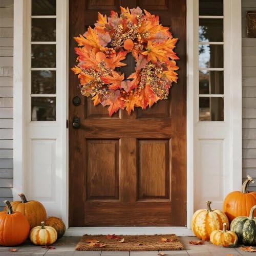 24 lnch Artificial Fall Wreath for Front Door Autumn Wreath with Hanger - Image 3