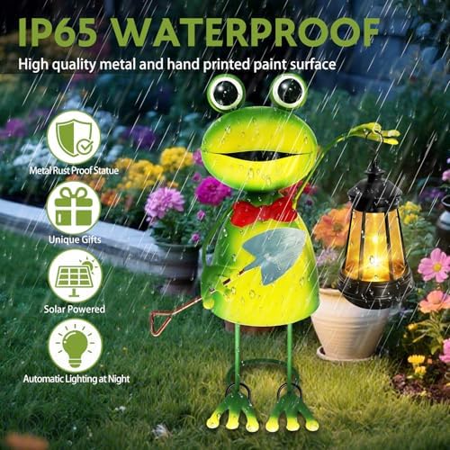 Solar Garden Lights Frog Statue with Solar Lantern,13.78in Tall Frog Decor - Image 5
