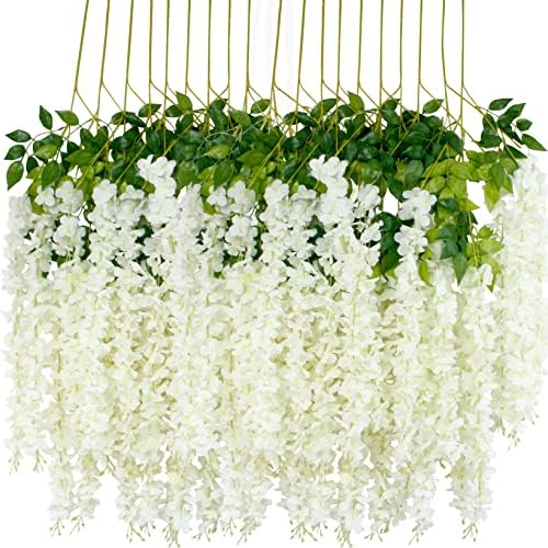 12Pcs Artificial Wisteria Flowers 3.6 Feet/Piece White Dense Artificial Fake Wisteria Vine Ratta Hanging Garland Silk Flowers String Home Party Wedding Decor(White-Dense) by HanYun