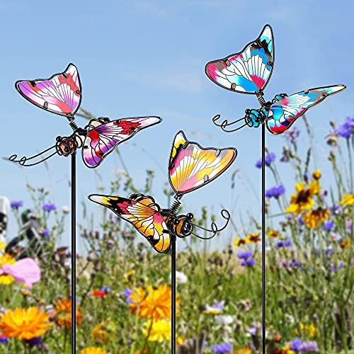 Juegoal Set of 3 Butterfly Garden Stake Decor, 20 Inch Colorful Butterflies Stakes, Glass & Metal Yard Art Ornaments for Mom, Mothers Day Ideal Gifts, Outdoor Lawn Pathway Patio Plant Pot, Flower Bed - Image 7