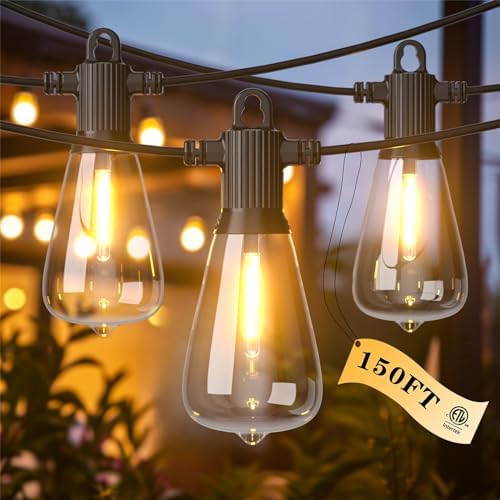 Kawaya Outdoor Lights String LED Patio Lights: 150FT Waterproof Commercial Grade Vintage String Lights for Outside - 72+3 Shatterproof ST38 Edison Bulbs for Porch Bistro Backyard Cafe (75FTx2) by KAWAYA