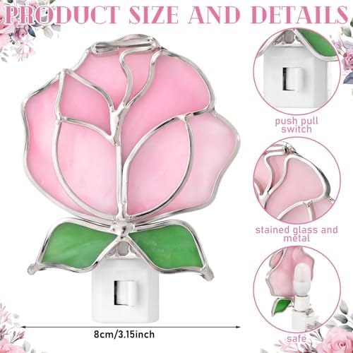 Baquler 2 Pcs Stained Glass Pink Rose Night Light Plug into Wall, Pink Floral Spring Flower Light Decor for Home Bedroom Bathroom Kitchen Hallway Valentine's Mother's Day Easter Decoration - Image 2