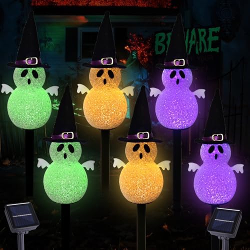BRIGHTDECK Halloween Solar Pathway Lights Outdoor, LED Decor, Light Up Solar Stake Lights for Holiday, Halloween, Walkway, Sidewalk (Multicolor Hat Ghost, 6-Pack) by BRIGHTDECK