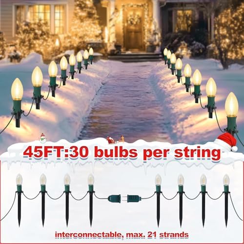 USOKYO 45Ft C9 30 Led Bulbs Christmas Pathway Lights Outdoor, Warm White Waterproof Connectable Christmas Walkway Lights for Driveway, Yard, Lawn, Sidewalk Decorations - Image 6