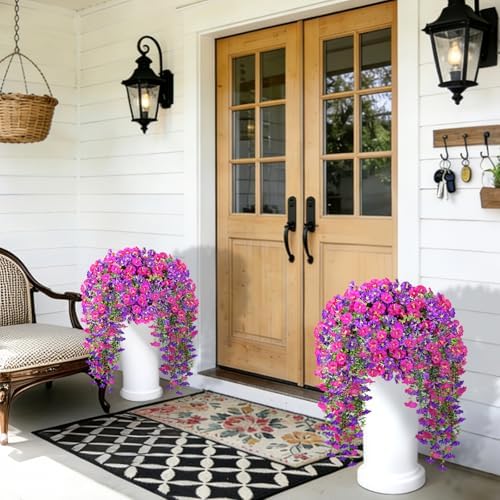 Artificial Hanging Flowers for Outdoors, 8 PCS 552 Blooms Ultra Full Morning Glory Vines, UV Resistant Faux Silk Hanging Plants for Porch Window Box Patio Garden Decor, Fuchsia & Light Purple - Image 6