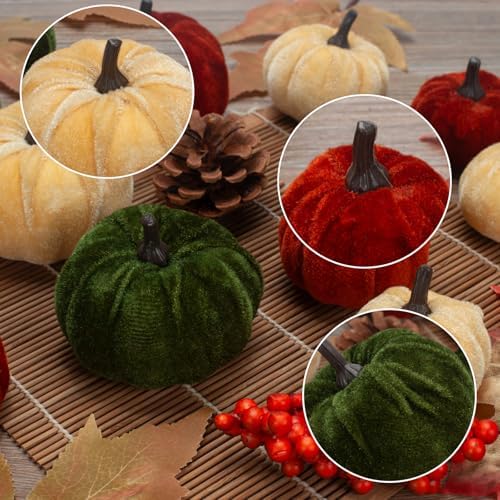 21 PCS Pumpkins Decor Set, 3 Sizes Fake Velvet Pumpkin, Dark Green Brown Gold Small Foam Pumpkins for Fall Harvest Thanksgiving Tiered Tray Centerpiece Bowl Filler Farmhouse Halloween - Image 4