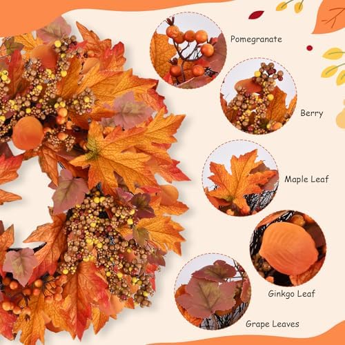 20 lnch Artificial Fall Wreath for Front Door Autumn Wreath with Hanger - Image 5