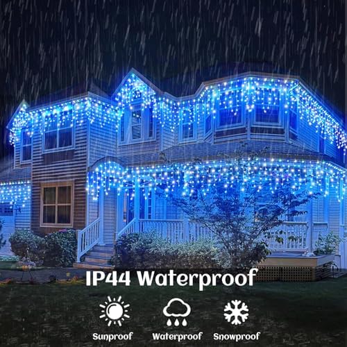 99ft Icicle Lights for Outside, Blue and White Christmas Lights Outdoor Indoor, 1216 LED Twinkle String Light with 228 Drops Curtain Light for Thanksgiving Room Home Wall Bedroom Window Decoration - Image 7