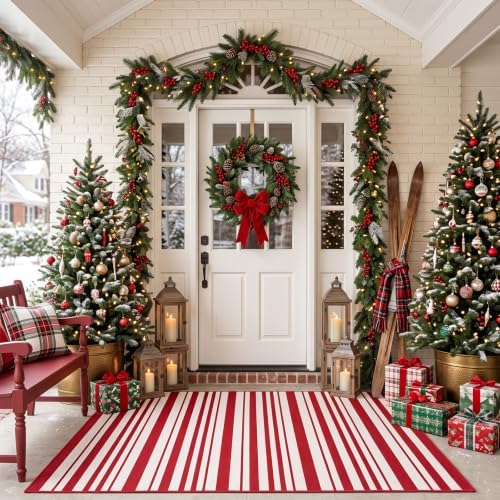 Duraaamo Red and White Striped Rug 3' x 5' for Christmas Outdoor Decor by Duraaamo