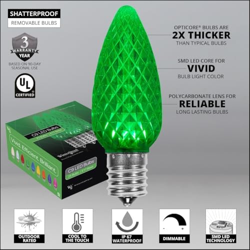 Wintergreen Lighting OptiCore LED C9 Green Christmas Pathway Lights, Heavy Duty Bulbs for Driveway, Walkway Marker, 5" Commercial PathPRO Stakes, 18 Gauge Plug-in Green Wire, 100 Lights, 100 ft - Image 3