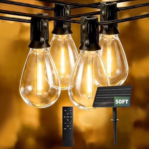 Solar String Lights Outdoor, 50FT Patio Lights with Remote, 3 Modes & 4 Brightness Levels, Waterproof Shatterproof S14 LED Edison Bulbs, 2700K Warm White for Backyard, Porch, Deck, Garden by Unknown