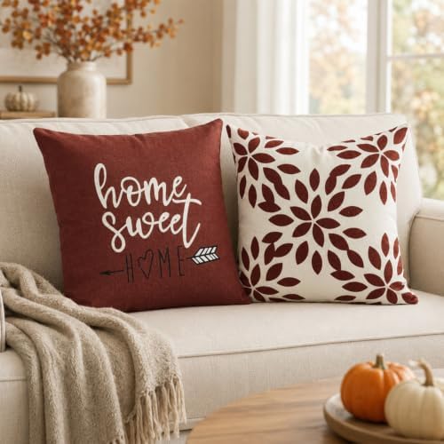 YCOLL Rust Linen Pillow Covers 18x18 Set of 4, Home Sweet Home Farmhouse Throw Pillow Covers, Holiday Decorative Cushion Covers for Sofa Couch Bed, Autumn Rustic Fall Decor - Image 2
