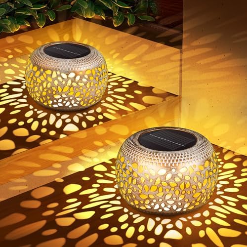 Solar Lanterns Outdoor Waterproof: 2 Pack White Gold Metal Patio Lights by NFEVER