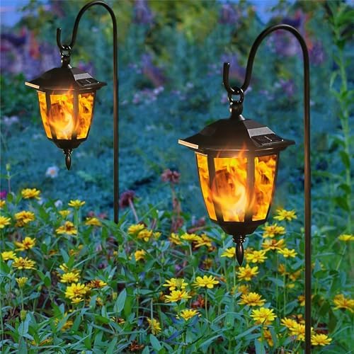 Dynaming 4 Pack Solar Flame Hanging Lights Outdoor, Halloween Solar Flickering Flame LED Garden Lanterns with 4 x 38 Inch Shepherd Hooks, Christmas Lighting for Lawn Patio Yard Pathway Driveway - Image 6
