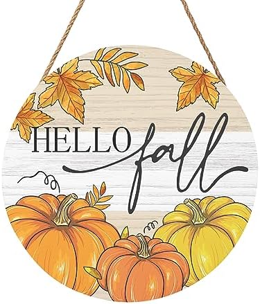 Hello Fall Welcome Sign Door Sign 12"x12" Fall Door Decorations Hanging Sign Farmhouse Pumpkin Round Wooden Sign for Home Front Door Wall Porch Yard Garden by welcometoourhome