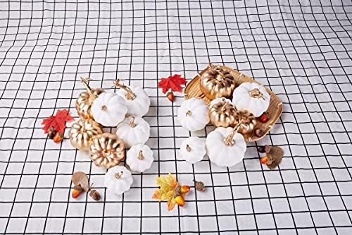 Artmag 16 Pcs Assorted Fall Artificial Pumpkins Harvest White Faux Pumpkins and Gold Plating Pumpkins for Halloween Fall Thanksgiving Decorating Displaying - Image 5
