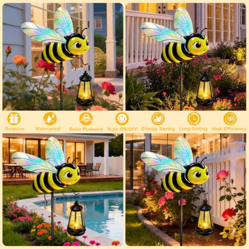 EDOF 2 Packs 32.28in Metal Bee Garden Stakes with Solar Lights Outdoor - Image 3
