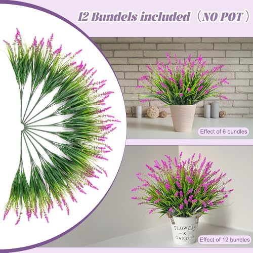 Artificial Flowers Faux Plants for Outdoor Decoration, 12 Bundles Fake Monkey Grass for Home Garden Front Porch Balcony, Lavender Flowers Shrubs UV Resistant No Fade Greenery Bush Planter (Lotus) - Image 6