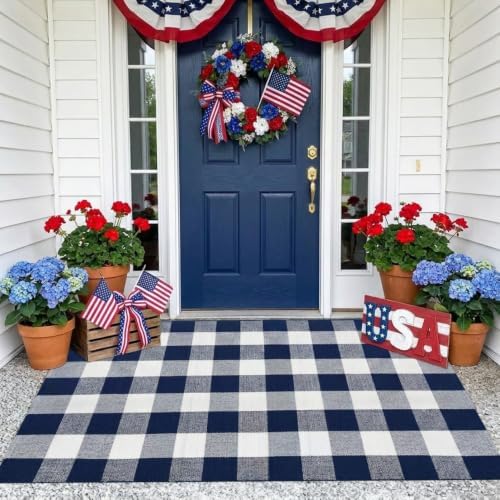 MUBIN Cotton Buffalo Plaid Rug, 3' x 5' Navy Blue White Outdoor Rug Front Door Decorative Mat, Washable Doormat Foldable Area Rug Layered Door Mats Rug for Front Porch, Entryway, Patio - Image 3