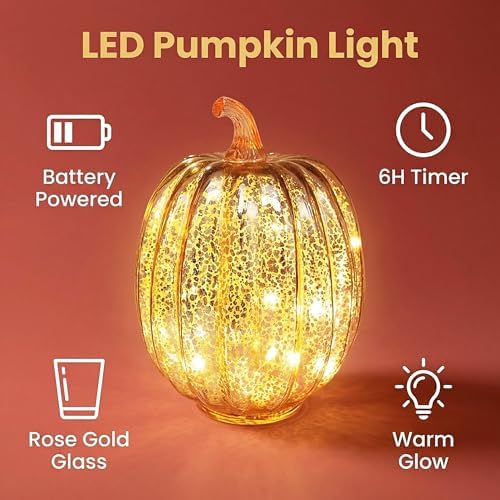 Fall Decorations for Home,Mercury Glass Pumpkin Lights with Timer(Rosegold) - Image 3