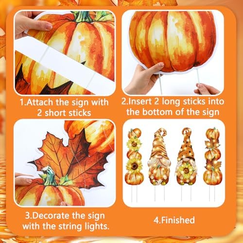 4 Pcs Fall Outdoor Decorations Metal Pumpkin Gnome Yard Sign with LED - Image 5
