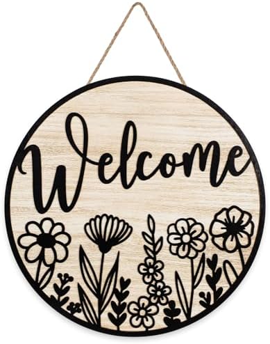 JarThenaAMCS 3D Black Wildflower Welcome Door Sign Daisy Floral Wooden Hanging Sign Rustic Flower Front Door Hanger for Spring Indoor Outdoor Farmhouse Home Porch Window Decor by JarThenaAMCS