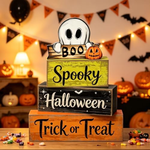 4 Pcs Halloween Tiered Tray Decor Wooden Stacked Block Signs, Rustic Ghost Boo Pumpkin Spooky Trick or Treat Table Decor for Home Kitchen Shelf Mantel Party - Image 2