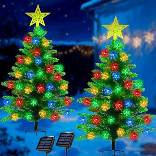 2 Pack 3.6Ft Solar Christmas Tree with 100 Snowflake Lights, Waterproof Christmas Decorations Outdoor, Solar Christmas Lights Outdoor Xmas Tree for Yard, Pathway, Porch, Cemetery, Holiday Decor by HUGSVIK