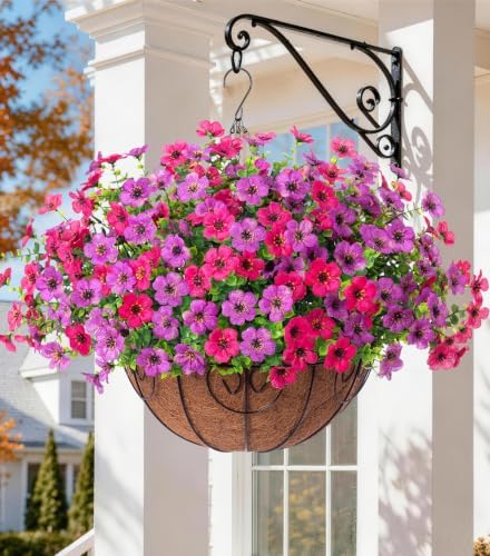 HyeFlora Artificial Faux Hanging Plants Flowers Basket for Spring Summer Outdoor Outside Decoration, Fake Silk Colorful Daisy Eucalyptus in Planter UV Resistant Realistic for Porch Patio Balcony Yard by HyeFloraartificialflowers