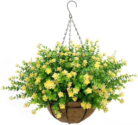 Artificial Hanging Flowers Basket, 12 UV-Resistant Bundles of Realistic Fake Flowers, Faux Plants for Outdoor Decor, Home, Garden, Porch, Patio, Spring & Summer Decorations, Yellow by BCBLF
